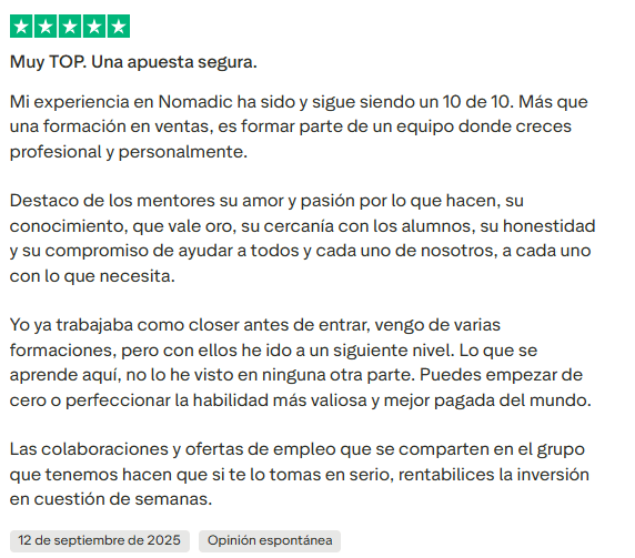Testimonio truspilot positivo Nomadic Closer Academy