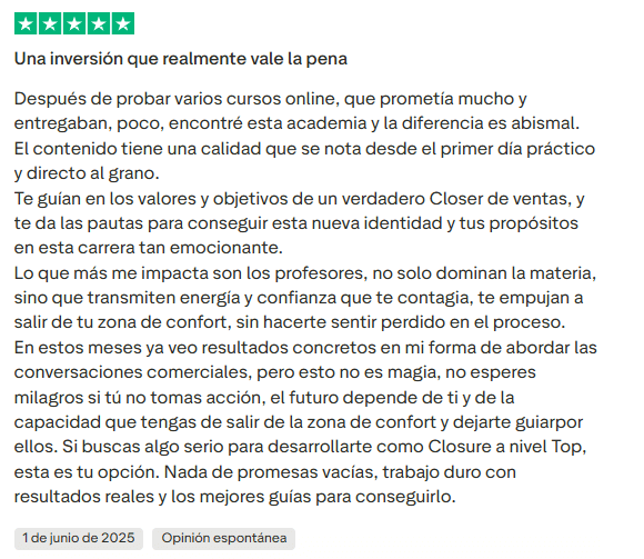 Testimonio truspilot positivo Nomadic Closer Academy