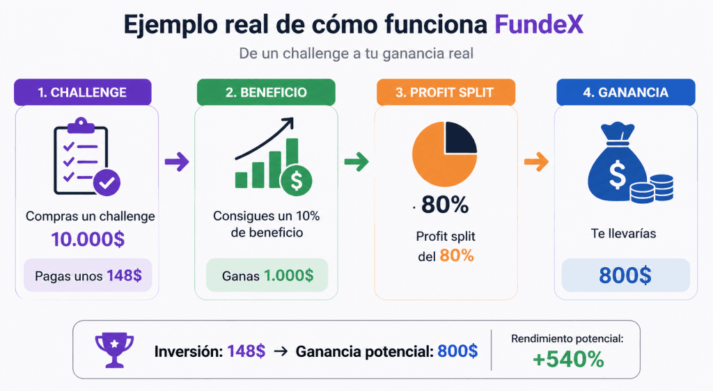 ejemplo ganancias fundex challenge profit split explicacion