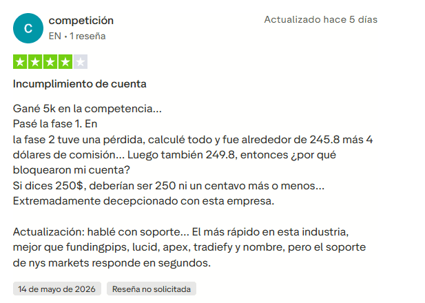 Testimonios de usuarios sobre NYS Markets en Trustpilot