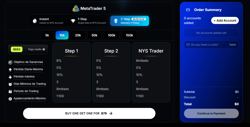 Pantalla de compra de challenge en NYS Markets