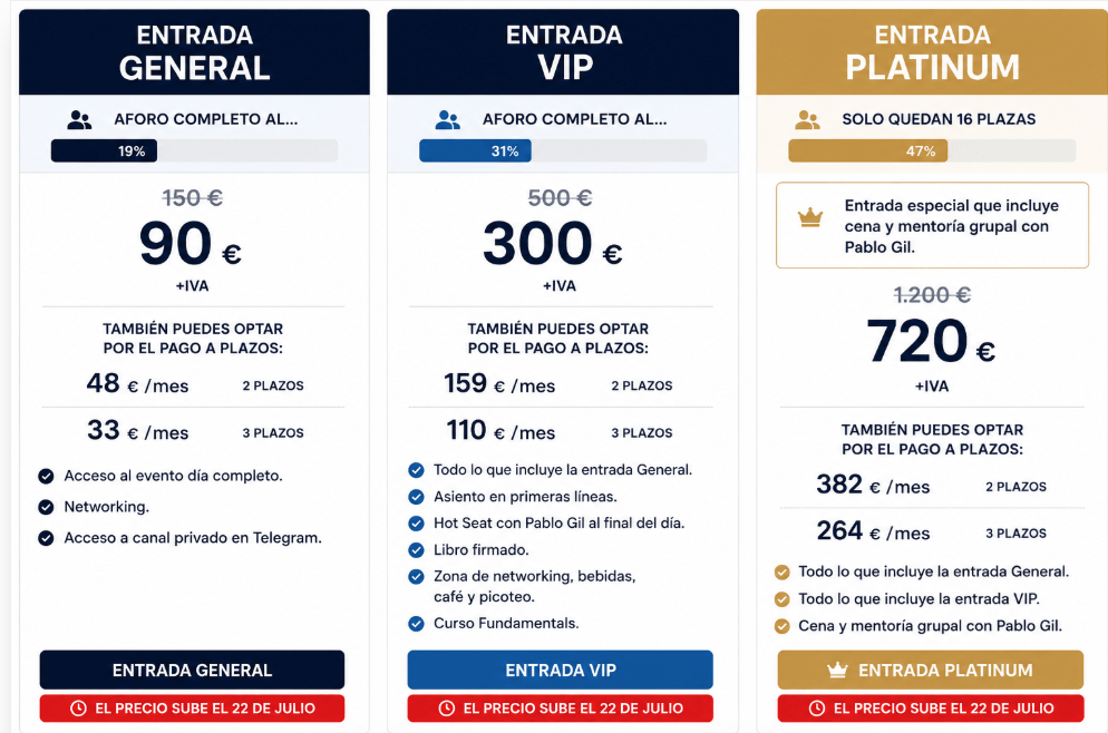 Comparativa de precios y beneficios de las entradas General, VIP y Platinum al evento de Pablo Gil