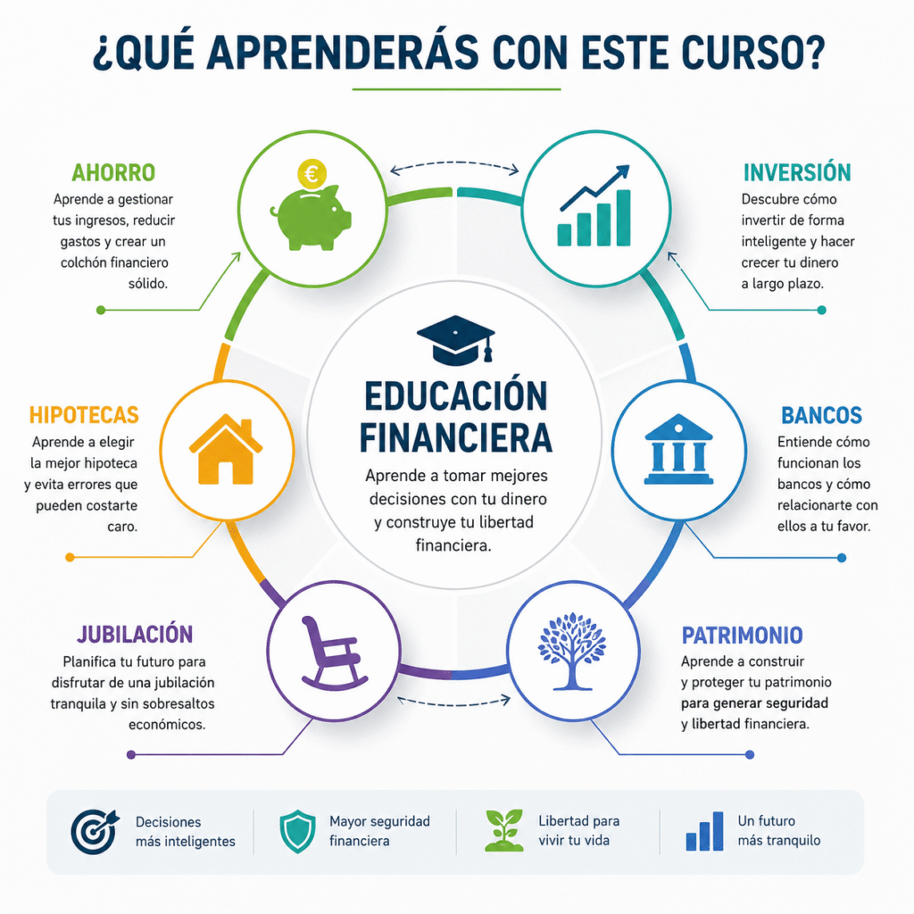 Infografía con las principales áreas que aprenderás en el curso Finanzas Personales para la Vida Real: ahorro, inversión, bancos, hipotecas, patrimonio y jubilación.
