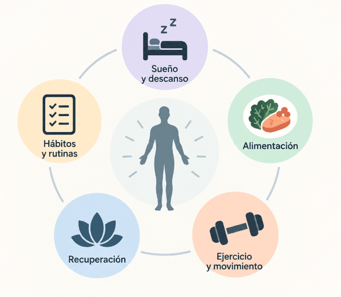 Áreas del biohacking: sueño y descanso, alimentación, ejercicio y movimiento, recuperación y hábitos